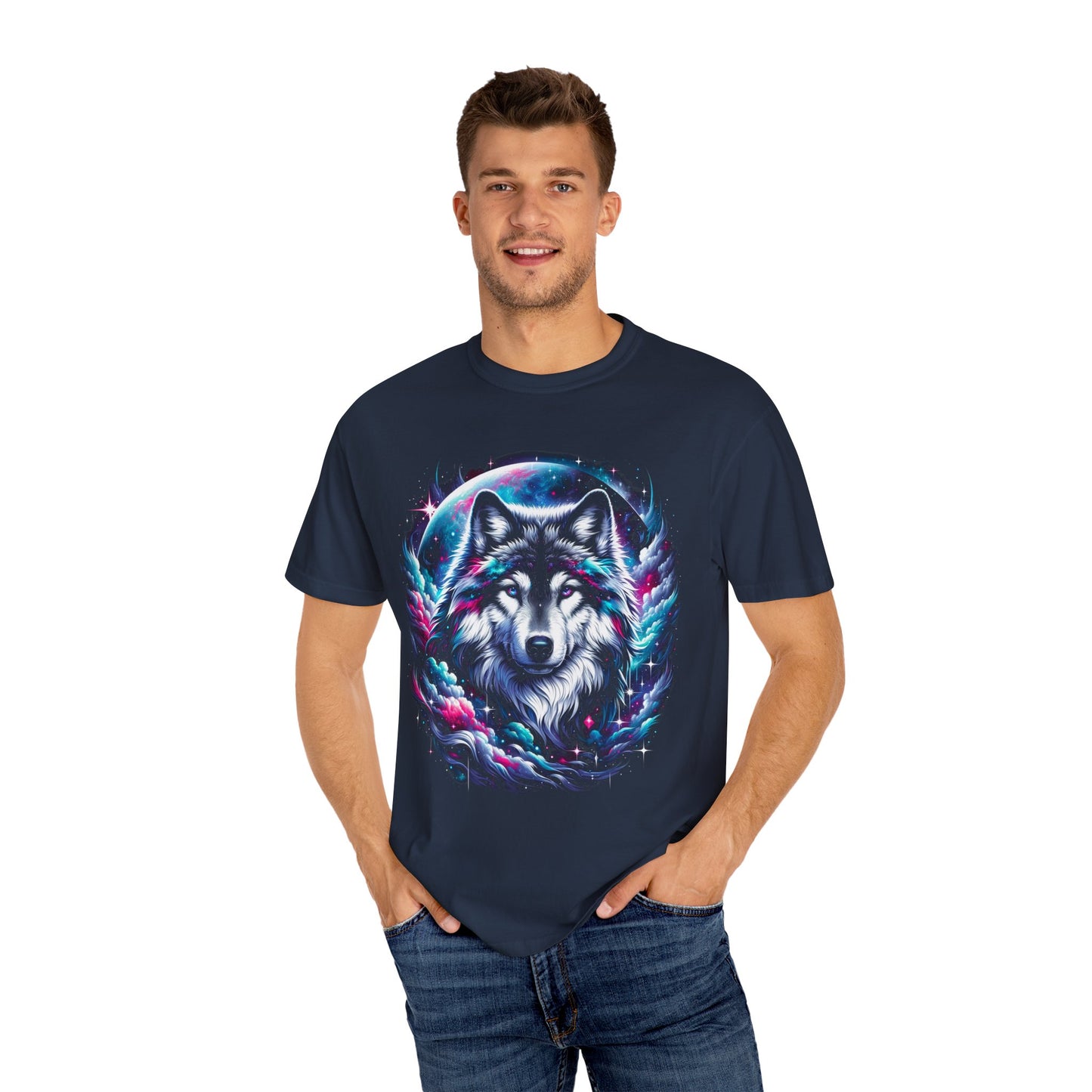 Stellar Canine Aura T-Shirt - Unisex Celestial Wolf Cotton Tee