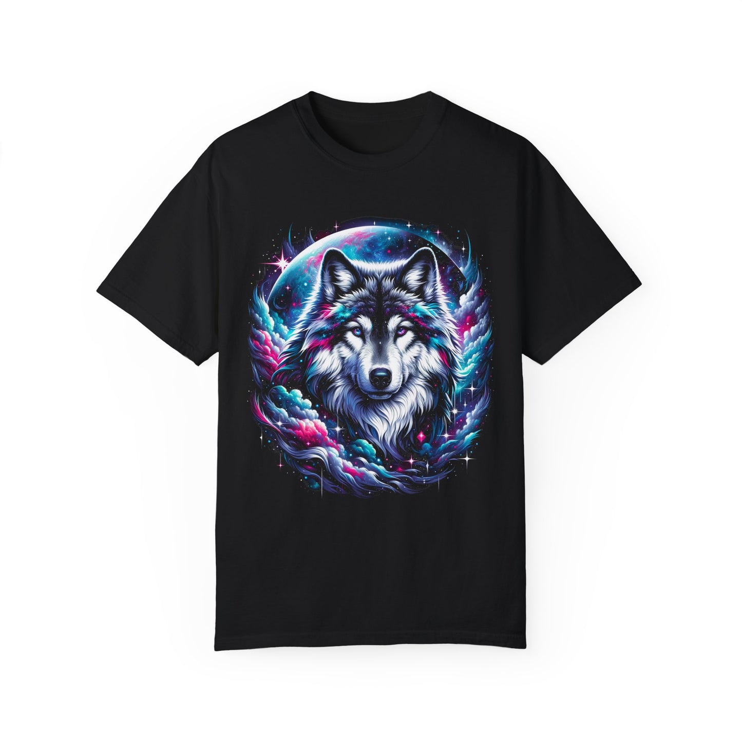 Stellar Canine Aura T-Shirt - Unisex Celestial Wolf Cotton Tee