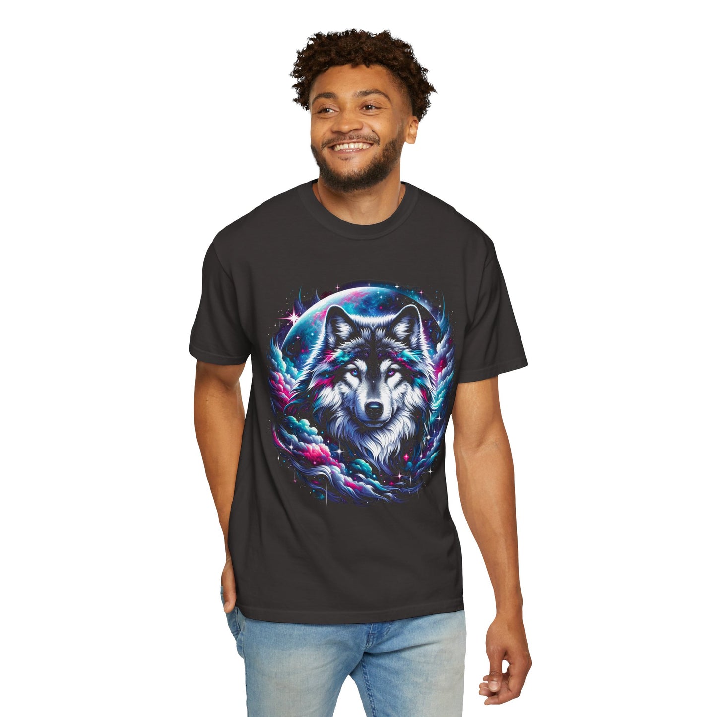 Stellar Canine Aura T-Shirt - Unisex Celestial Wolf Cotton Tee