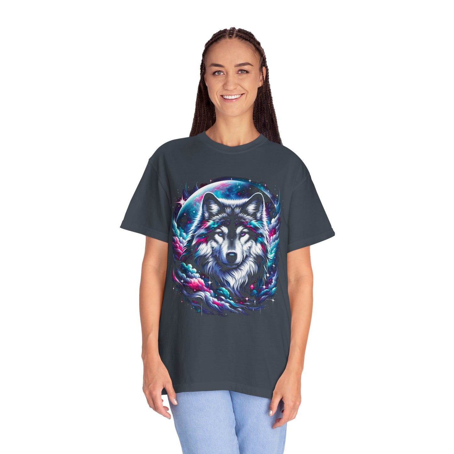 Stellar Canine Aura T-Shirt - Unisex Celestial Wolf Cotton Tee