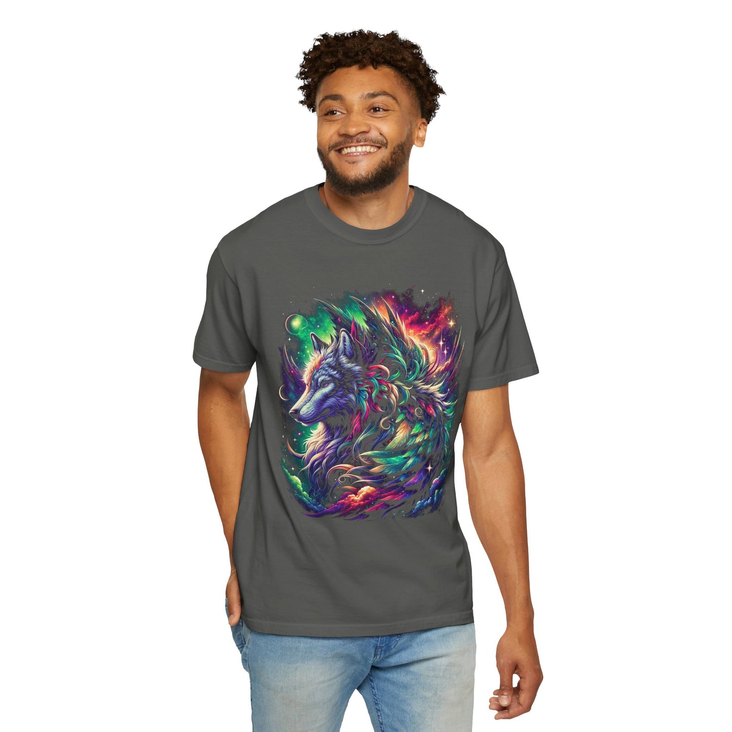 Galactic Wolf Spirit T-Shirt - Vibrant Unisex Cotton Tee