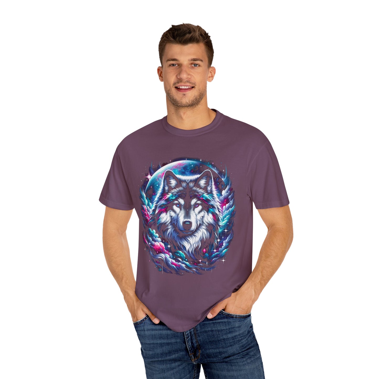 Stellar Canine Aura T-Shirt - Unisex Celestial Wolf Cotton Tee