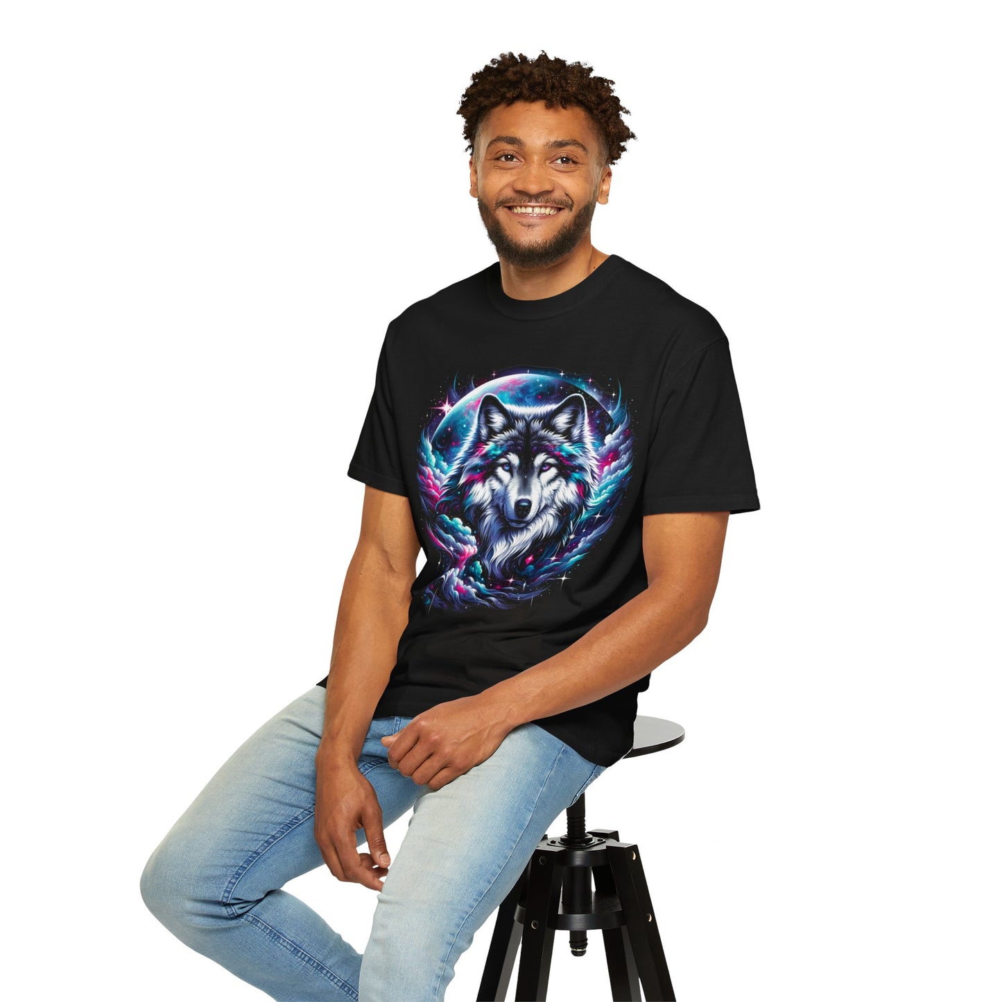 Stellar Canine Aura T-Shirt - Unisex Celestial Wolf Cotton Tee