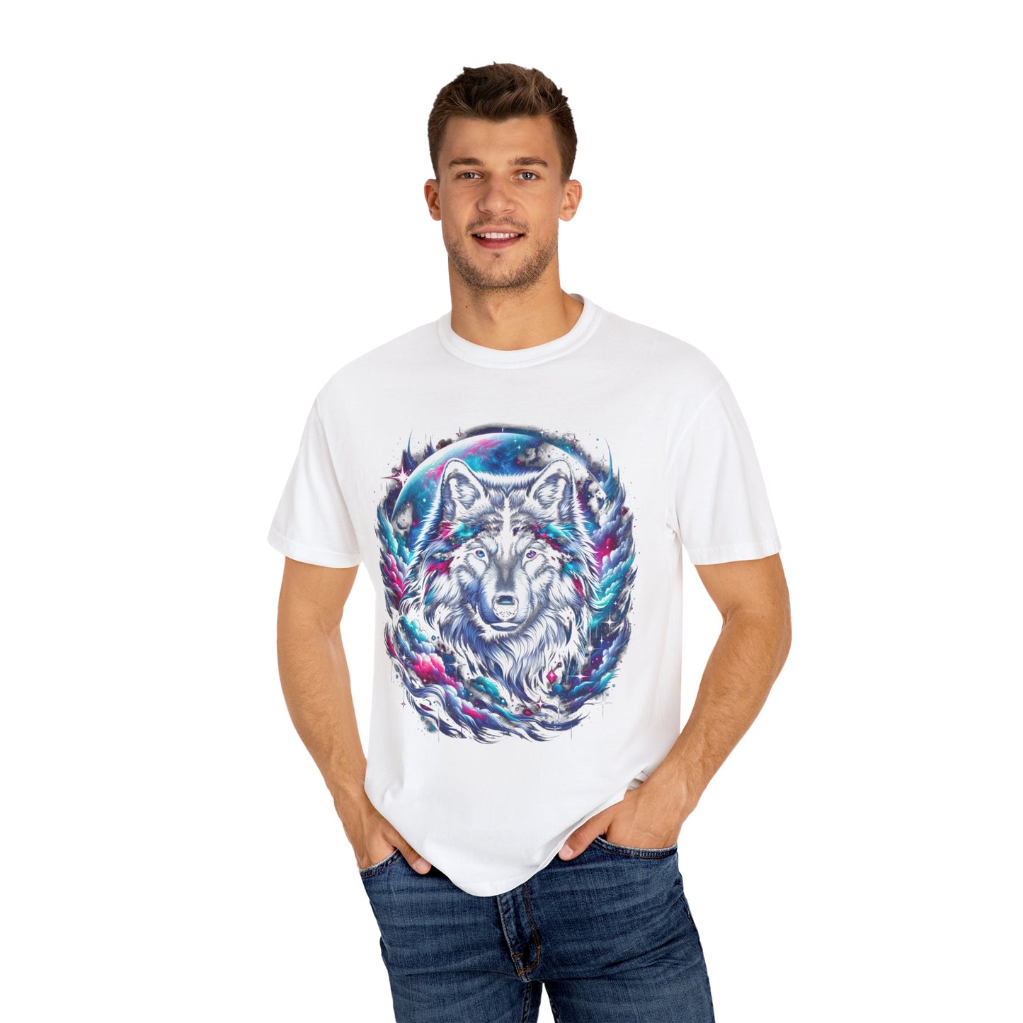 Stellar Canine Aura T-Shirt - Unisex Celestial Wolf Cotton Tee