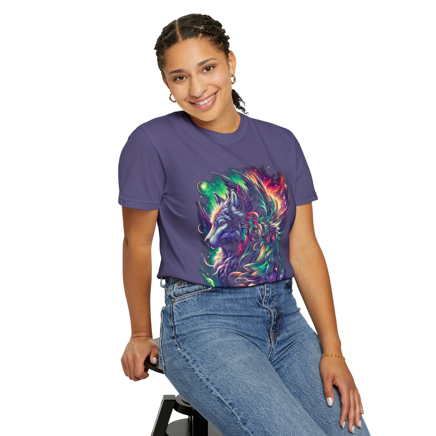 Galactic Wolf Spirit T-Shirt - Vibrant Unisex Cotton Tee