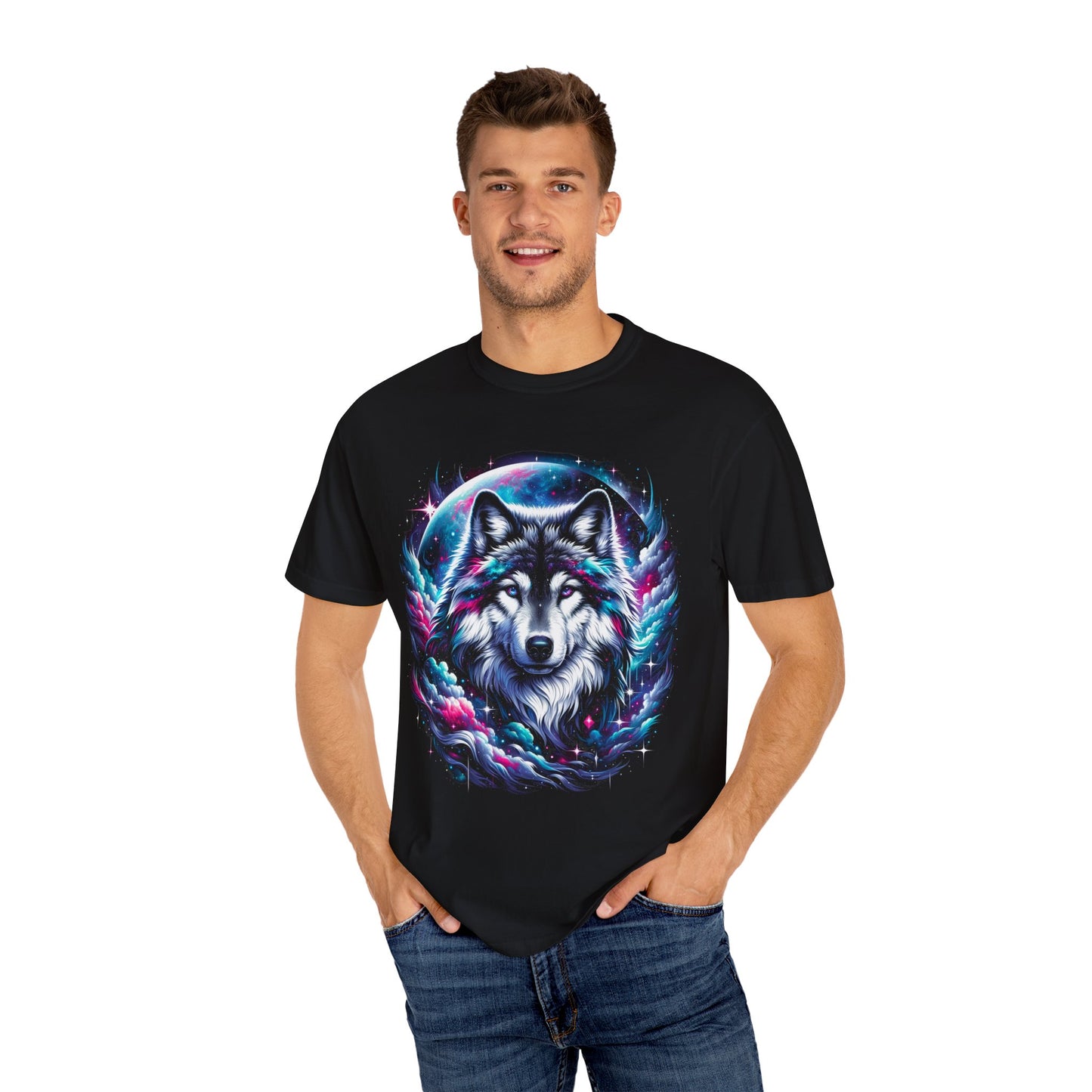 Stellar Canine Aura T-Shirt - Unisex Celestial Wolf Cotton Tee