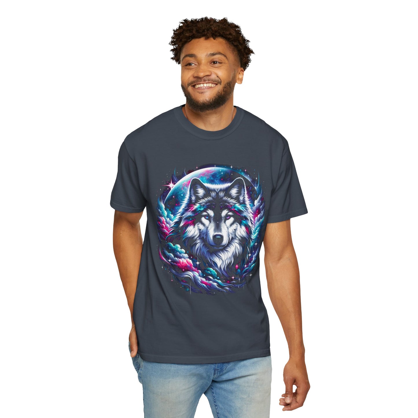 Stellar Canine Aura T-Shirt - Unisex Celestial Wolf Cotton Tee