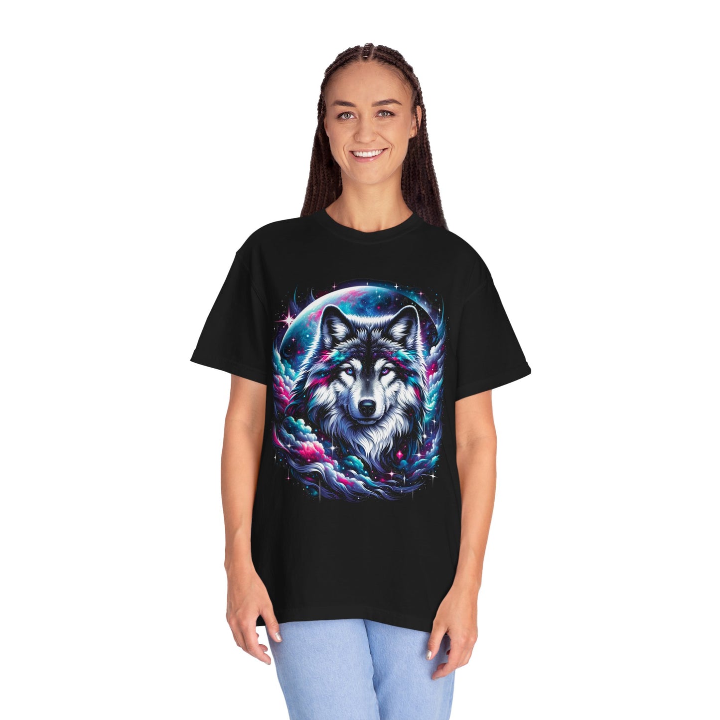 Stellar Canine Aura T-Shirt - Unisex Celestial Wolf Cotton Tee