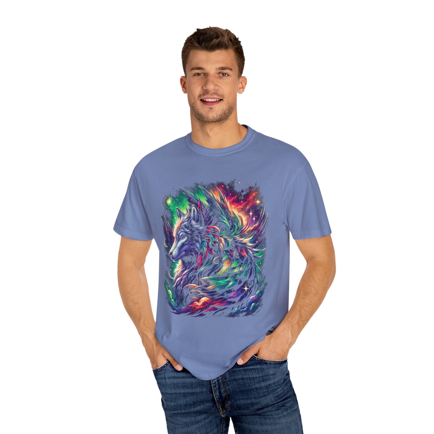 Galactic Wolf Spirit T-Shirt - Vibrant Unisex Cotton Tee