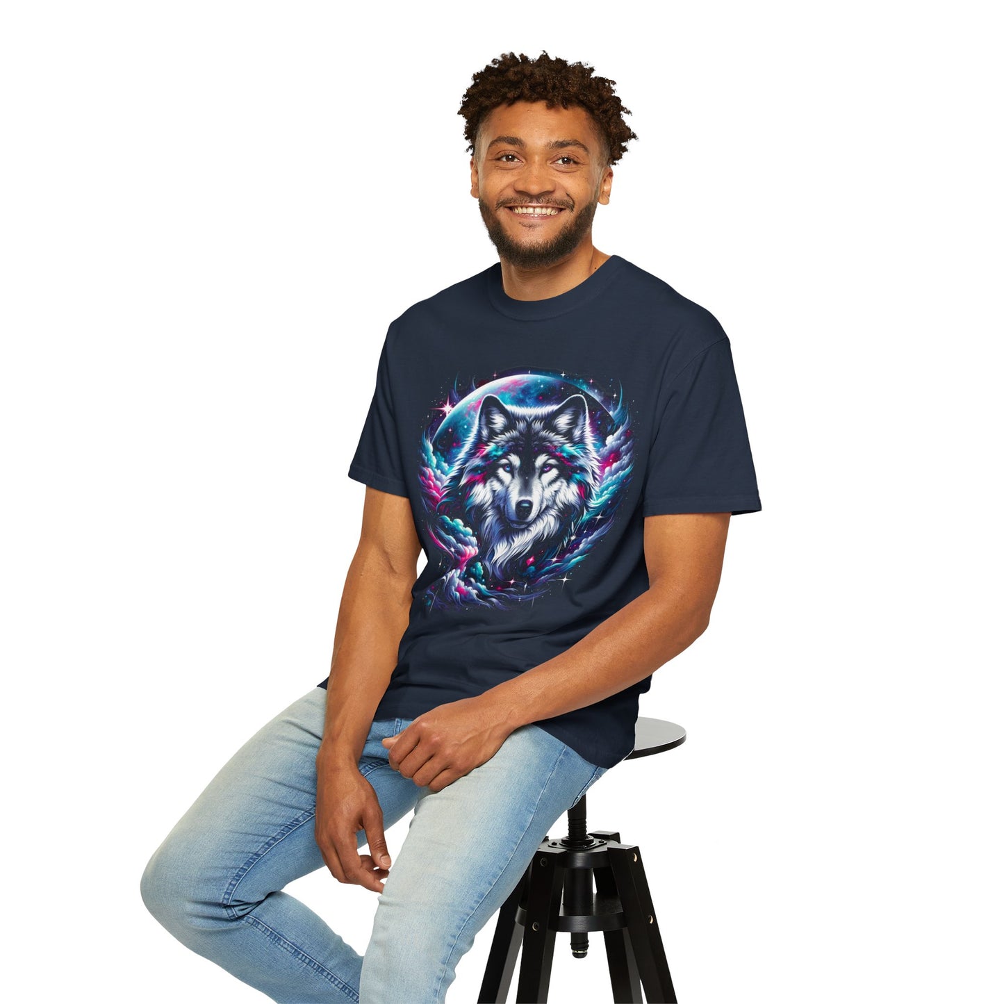 Stellar Canine Aura T-Shirt - Unisex Celestial Wolf Cotton Tee